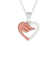 Zalkari Sterling Silver Rhodium-Plated CZ Studded Angel Wing Heart Shaped Pendant
