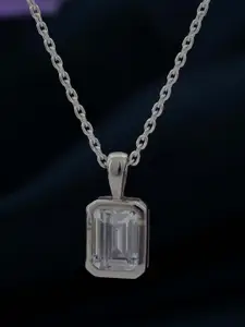 Zalkari 925 Sterling Silver Rhodium-Plated White CZ-Studded Geometric Pendant with Chain