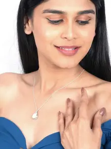 Zalkari 925 Sterling Silver Rhodium-Plated Opal Studded Oval Shaped Pendant