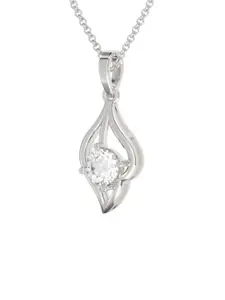 Zalkari Sterling Silver Rhodium-Plated CZ Studded Feather Shaped Pendant
