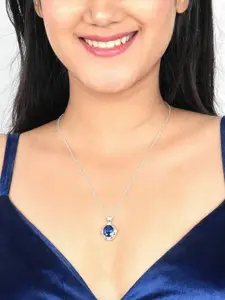 Zalkari Sterling Silver Rhodium-Plated Cubic Zirconia Studded Sapphire Teardrop Pendant