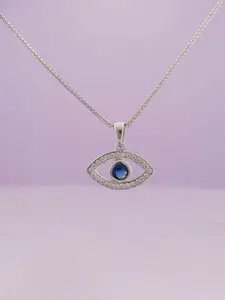 Zalkari Sterling Silver Rhodium-Plated Cubic Zirconia Studded Evil Eye Pendant