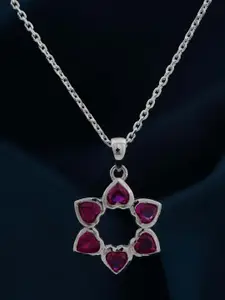 Zalkari Sterling Silver Rhodium-Plated Cubic Zirconia Studded Star Floral Ruby Pendant