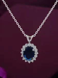 Zalkari Sterling Silver Rhodium-Plated CZ-Stone Studded Glory Sapphire Pendant
