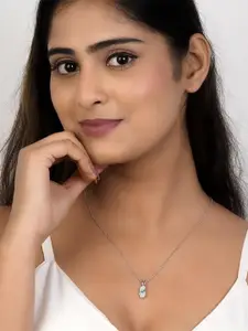 Zalkari Sterling Silver Rhodium-Plated Cubic Zirconia Studded Swirl Twisted Opal Pendant