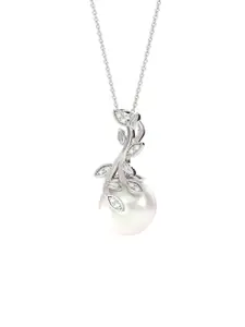 Zalkari Sterling Silver Rhodium-Plated Freshwater Pearls Beaded & Diamond Studded Pendant