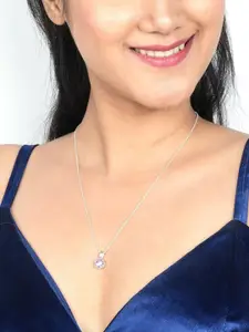 Zalkari Sterling Silver Rhodium-Plated Cubic Zirconia Studded Sapphire Round Shape Pendant