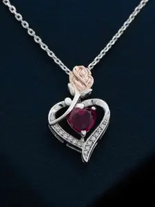 Zalkari Sterling Silver Rhodium-Plated CZ-Stone Studded Heart Shaped Pendant