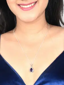 Zalkari Sterling Silver Rhodium-Plated Amethyst-Stone Studded Pear Drop Halo Pendant