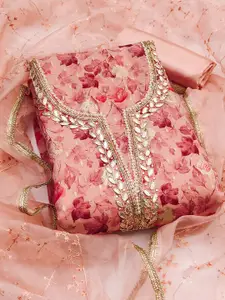 MANVAA Floral Printed Beads and Stones Organza Unstitched Dress Material