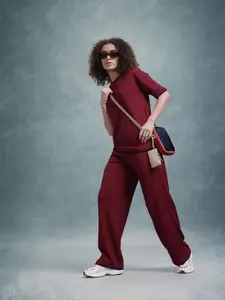 The Roadster Lifestyle Co. Drop Shoulder Sleeves T shirt with Trouser Co Ord Set