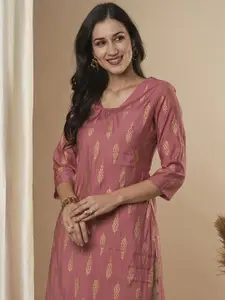 FASHOR Floral Printed Scoop Neck Silk Straight Kurta