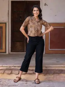 The Roadster Lifestyle Co Ethnic Printed Pure Cotton Cuban Collar Shirt Style Top