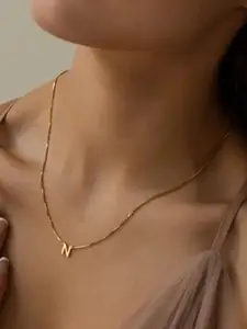 MEENAZ Gold-Plated Stainless Steel Anti-Tarnish N Initial Alphabet Pendant With Chain