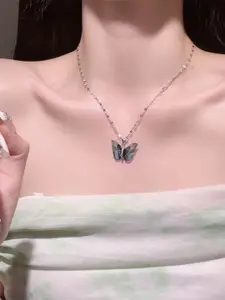 MEENAZ Silver-Plated Stone Studded Stainless Steel Anti-Tarnish Butterfly Pendant & Chain