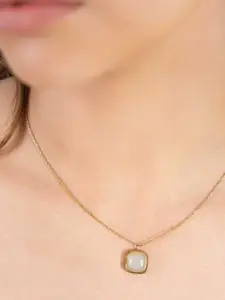 ZAISHA 18KT Gold Plated Stainless Steel Stone Studded Jade Vintage Square Pendant & Chain