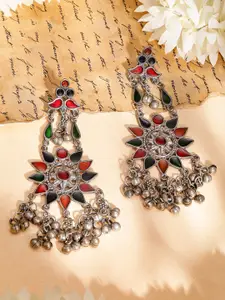 Rubans Silver-Plated Oxidised Enamel & Ghungroo Statement Earrings