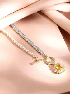 Rubans 18K Gold-Plated Yellow Sapphire Pendant Pearl & Cubic Zirconia Necklace