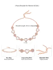 Peora Rose Gold-Plated Cubic Zirconia Studded Heart Shaped Wraparound AdjustableBracelet