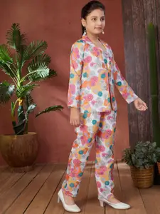 Sangria Girls Printed Pure Cotton Top With Trousers & Coat