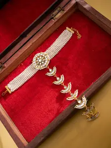 PANASH Gold-Plated Stones Studded & Beaded Hathphool Ring Bracelet