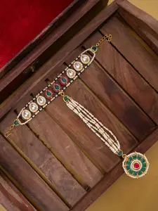 PANASH Gold-Plated Stones Studded & Beaded Hathphool Ring Bracelet