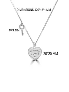 925 SILLER 925 Pure Silver Zircon Studded Heart and Key Charm Pendant With Chain