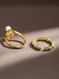 Rubans Set of 2 18K Gold Plated Pink Enamel & Cubic Zirconia Studded Adjustable Rings