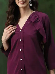 Sangria Wine Crepe Solid Ruffled Straight Top