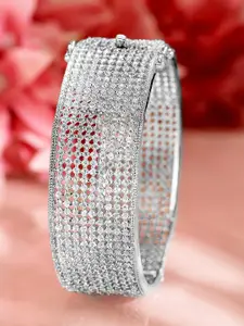 Rubans Rhodium Plated AAA Cubic Zirconia Studded Premium Openable Bangle Bracelet