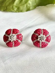 The Jewellery Tale Silver-Plated Ruby Stone Studded Floral Shaped Studs