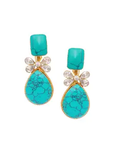 Yinara 22K Gold Plated Turquoise Stone Studded Contemporary Drop Earrings