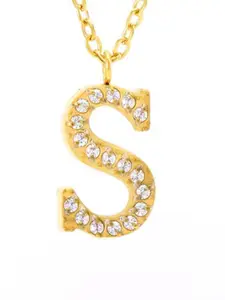 ZAISHA Stainless Steel 18k Gold-Plated Stones Studded Alphabet R Pendants With Chains