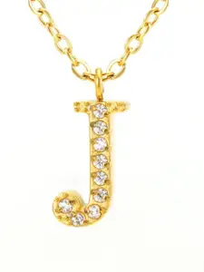ZAISHA Stainless Steel 18k Gold-Plated Stones Studded Alphabet R Pendants With Chains