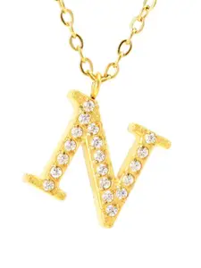 ZAISHA Stainless Steel 18k Gold-Plated Stones Studded Alphabet R Pendants With Chains