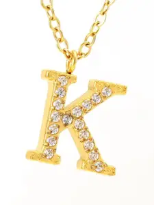 ZAISHA 18k Gold-Plated Stainless Steel Stone Studded Alphabet R Pendant With Chain