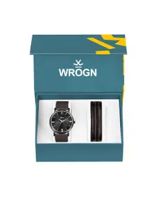 WROGN Men Patterned Dial & Leather Bracelet Style Straps Analogue Watch WRNWJ25 Set-52