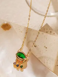 AQUASTREET18K Gold Plated Waterproof Anti-Tarnish Green Oval Drops Pendant Necklace