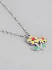 Carlton London Rhodium Plated Floral Enamel Pendant and Chain