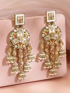 Rubans 22K Gold-Plated Multicolour Enamel & Kundan Studded Long Jhumka Dangler Earrings