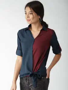 Style Quotient Women Navy Blue & Burgundy Colourblocked Wrap Top