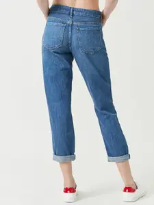 FOREVER 21 Women Blue Boyfriend Fit Mid-Rise Highly Distressed Cropped Jeans