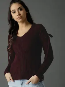 Roadster Women Burgundy Ribbed Pullover
