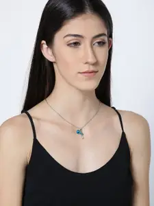 Mahi Silver-Toned & Blue Crystal-Studded Heart & Key-Shaped Pendant with Chain