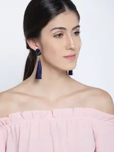 Jewels Galaxy Navy Gold-Plated Tasseled Teardrop Shaped Drop Earrings