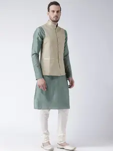 KISAH Men Green & Cream Solid Banarasi Kurta with Churidar & Nehru Jacket