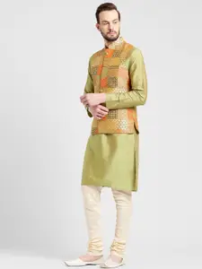 KISAH Men Green Solid Kurta with Churidar & Nehru Jacket