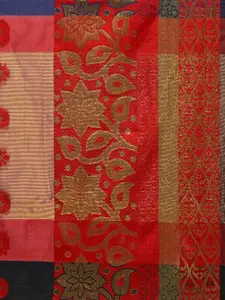 Satrani Navy Blue & Red Silk Blend Woven Design Chanderi Saree