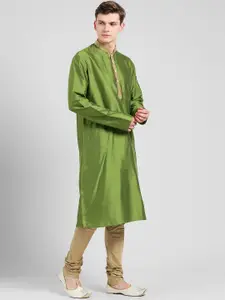 KISAH Men Green Yoke Design Banarasi Straight Kurta