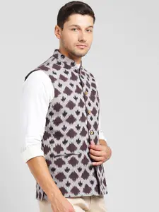 KISAH Men Grey  Brown Printed Pure Cotton Nehru Jacket
